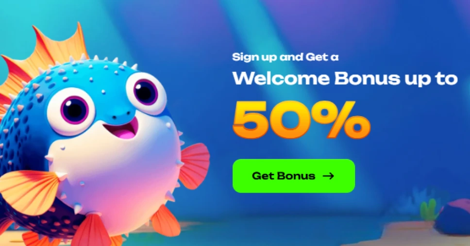 Banner featuring the 50% welcome bonus offer at Fugu Casino.