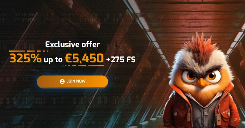 Banner featuring the 325% up to €5,450 + 275 free spins welcome package at Hugo Casino.
